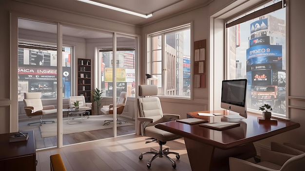 Bright Modern office interior hall with computer and city view Workplace and lifestyle concept