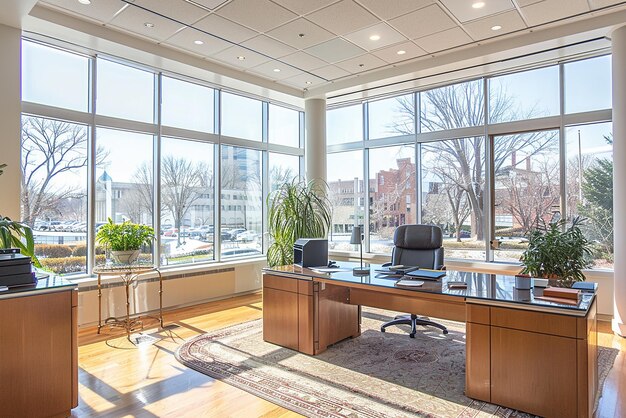 Photo bright modern office with expansive windows and natural light