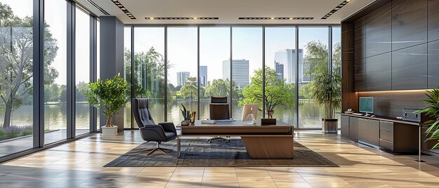 Photo bright modern office with expansive windows and natural light