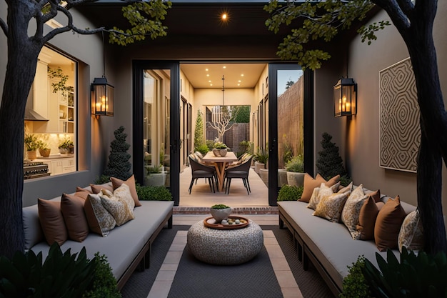 Bright modern patio with comfortable furnishing and outdoor lighting created with generative ai