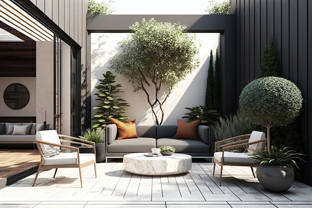 Bright modern patio with luxury furniture and beautiful landscaping created with generative ai