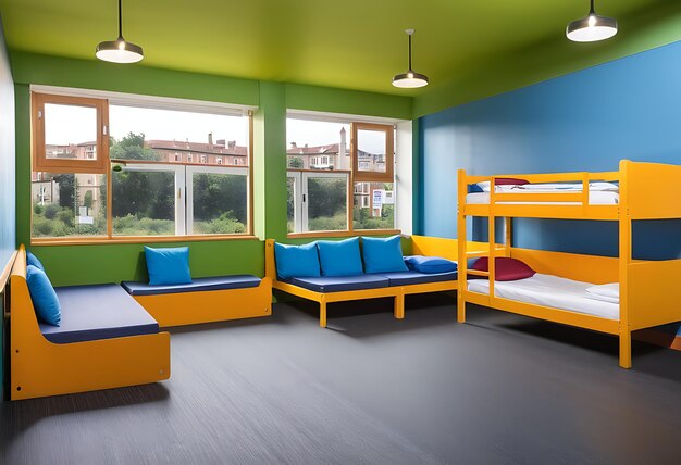 Photo bright and modern youth hostel room designed for comfort and enjoyment