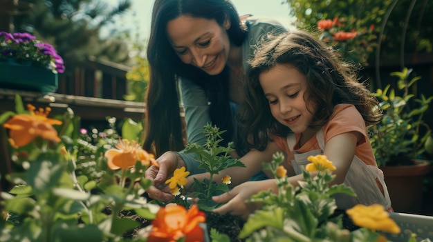 Bright moment of learning as a mother teaches her child gardening