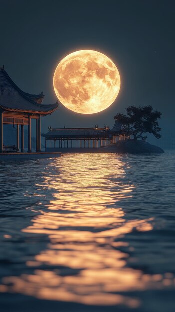 Photo a bright moon rises over the sea midautumn festival scenery the ocean a large moon with a style char