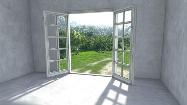 Photo bright morning light streaming through open windows in a quiet room surrounded by lush greenery