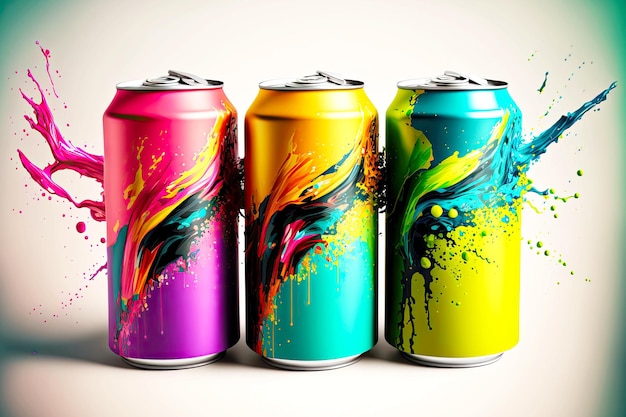 Bright multicolored aluminum cans mockup with scattering multicolored splashes