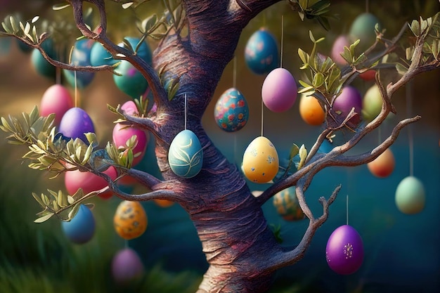 Bright multicolored Easter eggs on a tree on a sunny day Generative AI