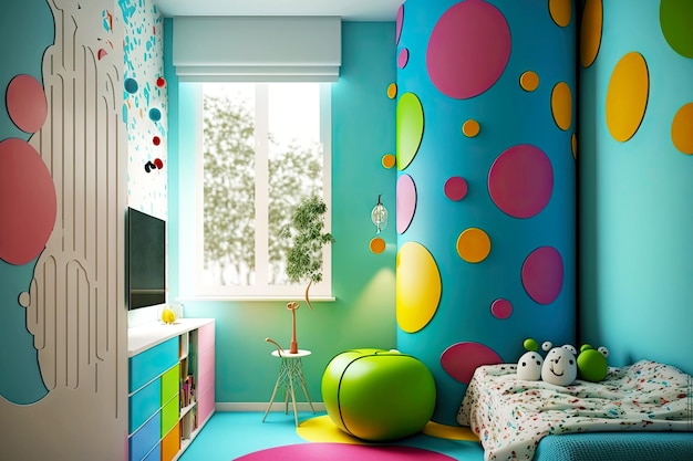 Bright multicolored kids room with furniture children's set