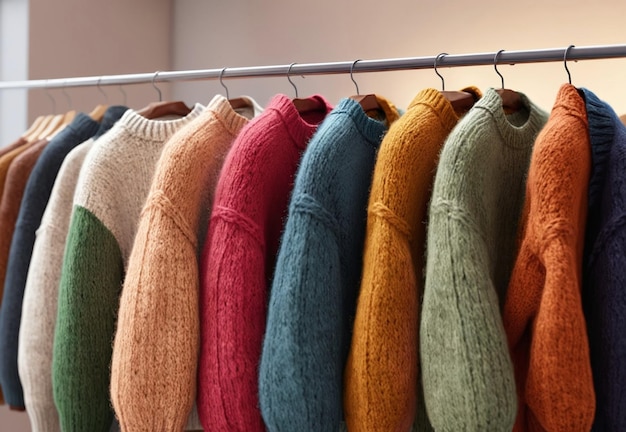 Photo bright multicolored knitted sweaters hanging on hangers in a store sale and discounts