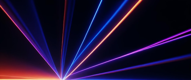 Photo bright neon blue red and violet laser lights pierce through a pitch black background