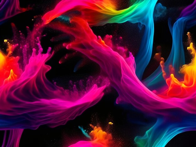 Photo bright neon colorful powder explodes in waves on a black background