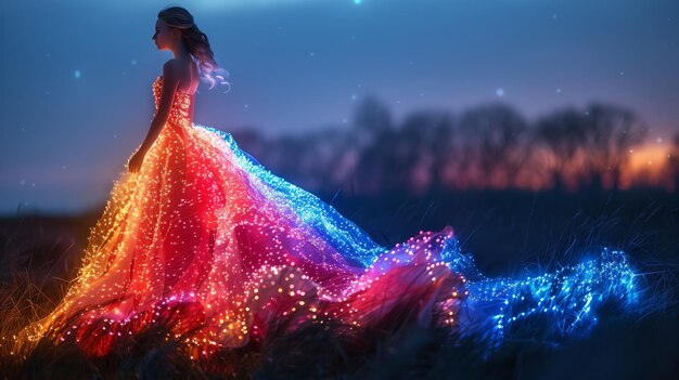 Photo bright neon dress on a beautiful slender girl shimmering with a rainbow of colors