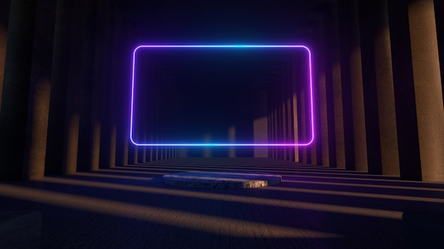 Bright neon frame in the middle of a stone concrete museum