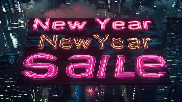 Photo bright neon red and blue new year sale poster with dynamic yellow and red light streaks illuminating a night scene new year sale special offer discount rate poster