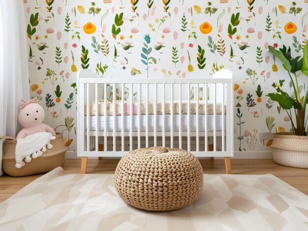 Photo bright nursery with floral wallpaper and crib