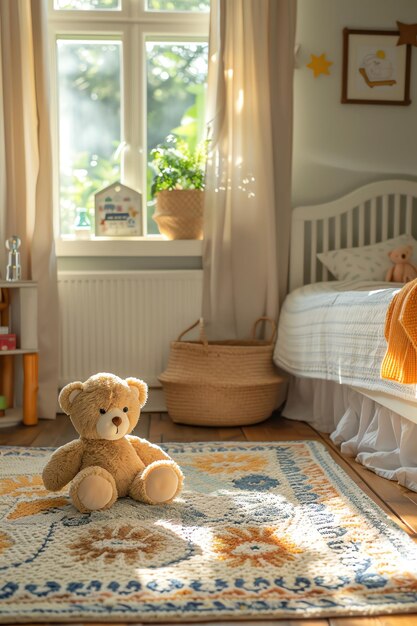 Bright nursery with teddy bear on rug morning sunlight playful decor wideangle cheerful atmosphere