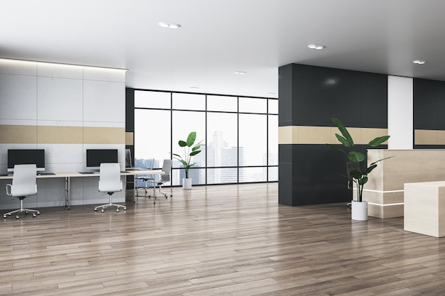 Bright office lobby interior with furniture reception desk window with city view and wooden flooring 3D Rendering