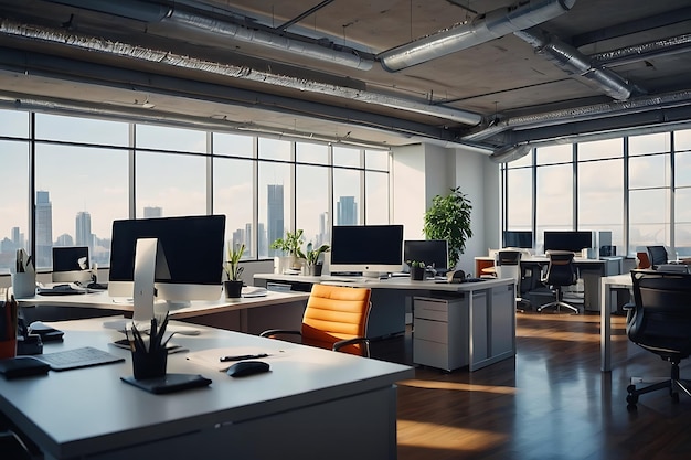 Bright office with stylish desks and advanced computer