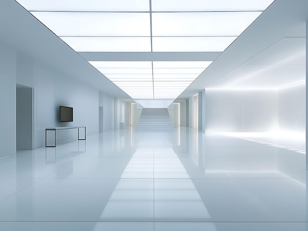 A bright open futuristic hall with reflective floors smooth white walls and glowing linear light accents