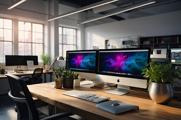 Bright open office with latest desktop computers