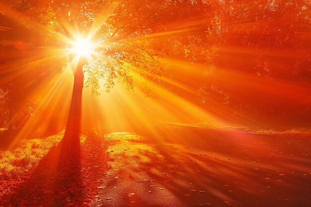 A bright orange background with the sun shining in the upper left corner creating lens flares and a