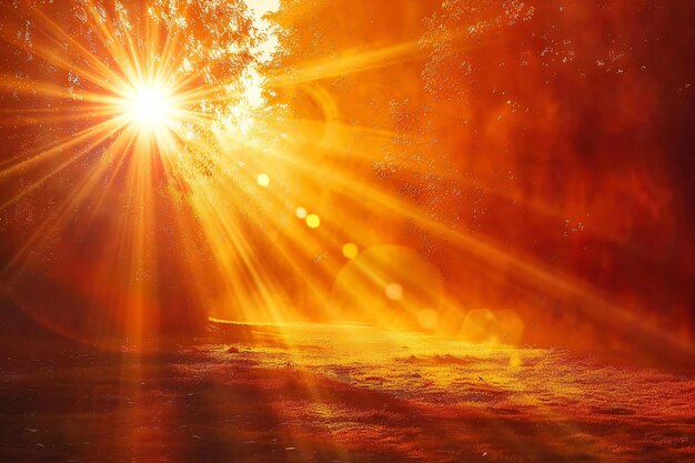 A bright orange background with the sun shining in the upper left corner creating lens flares and a