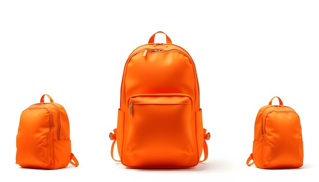 Bright orange backpack isolated on white view from different sides isolated with white highlights