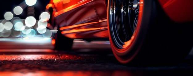 Photo a bright orange car is shown with the rims of the rear wheel