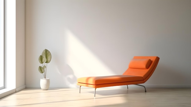 A bright orange chair in a living room with a plant in the corner.