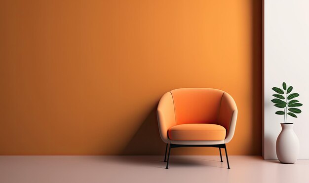 A bright orange chair sits in a corner of a room with a white wall.