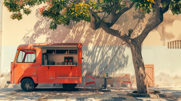 Photo a bright orange food truck is parked under a tree casting a nostalgic and inviting shadow on a serene sidewalk setting