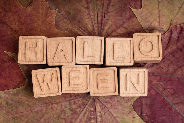 Bright orange Halloween background with an inscription made of wooden cubes Composition of Autumn dry maple leaves and pumpkin top view flat lay Autumn concept Halloween Pattern