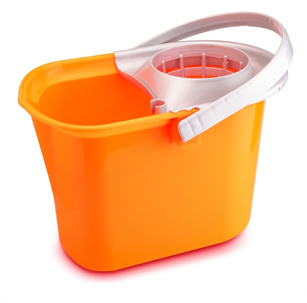 Bright orange mop bucket on wihte