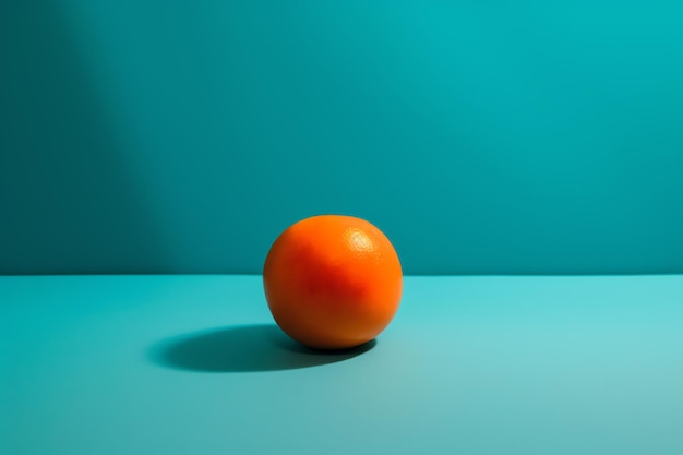 A bright orange sits on a blue table in front of a blue background.