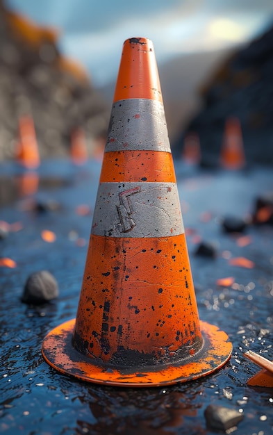 Photo bright orange traffic cone on a wet surface in a construction area a bright orange traffic cone sits on a wet surface surrounded by other cones