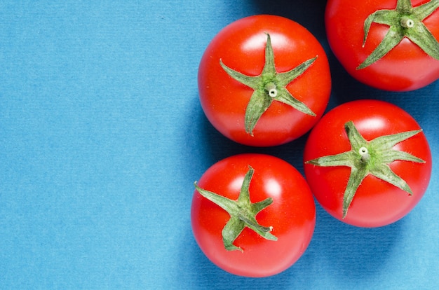 Bright organic tomatoes on a blue background. 