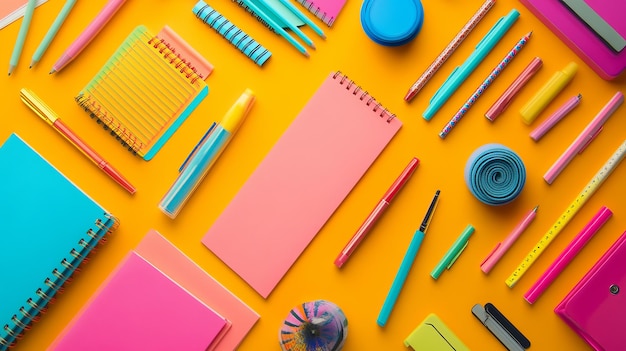 Bright Organized Flat Lay of Colorful Office Supplies