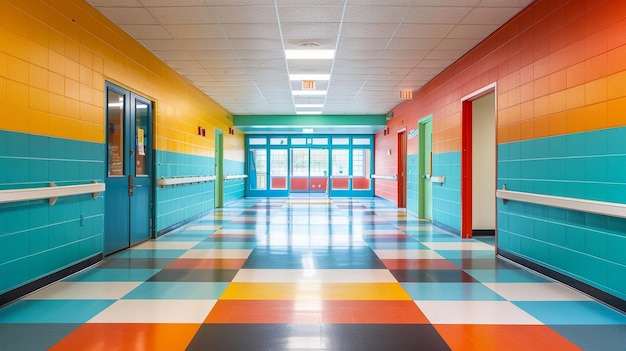 Bright and Organized School Hallway with Colorful Doors