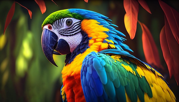 Bright parrots on a branch in a tropical forest