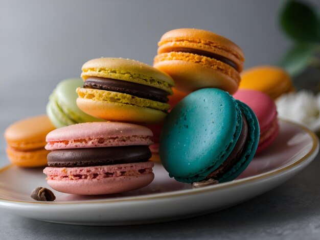 Bright and pastelcolored macaron on a white plate