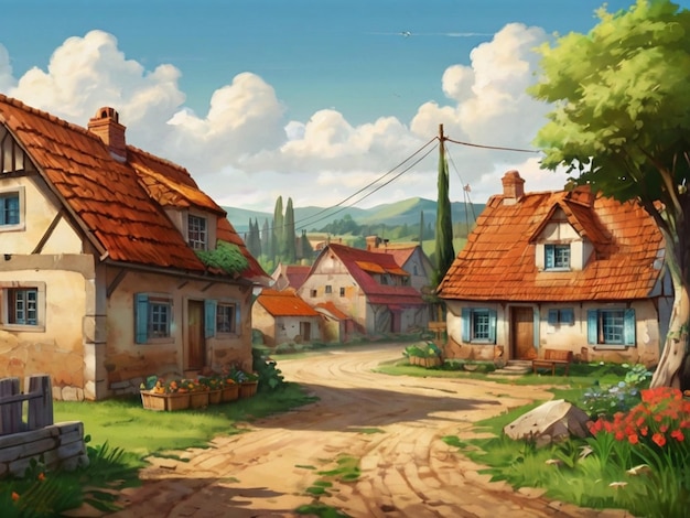 Bright and Peaceful Rural Village Background Scenic Countryside Landscape for Tranquil Living