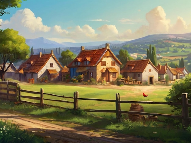 Bright and Peaceful Rural Village Background Scenic Countryside Landscape for Tranquil Living