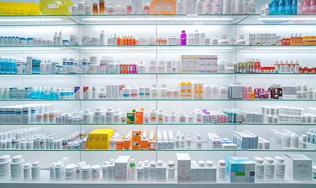 Bright pharmacy shelves stocked with various medications and health care products showcasing an orga