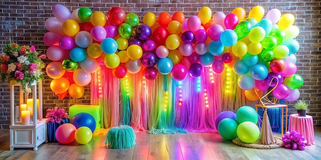 Photo bright photo zone of tassels and balloons with a neon sign for a birthday