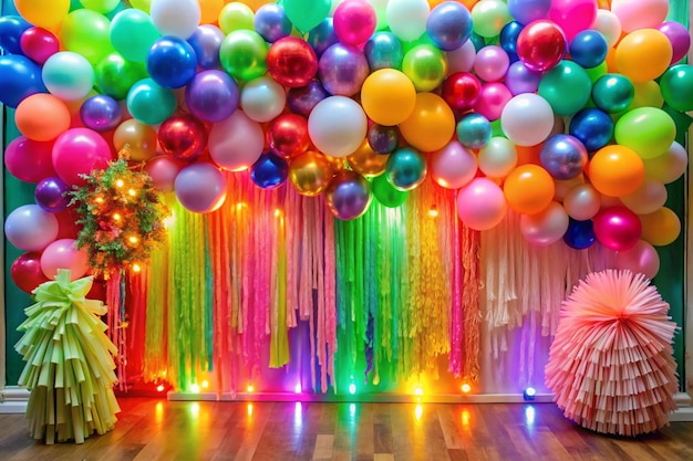 Photo bright photo zone of tassels and balloons with a neon sign for a birthday