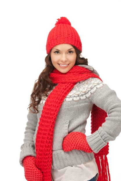 bright picture of beautiful woman in hat, muffler and mittens