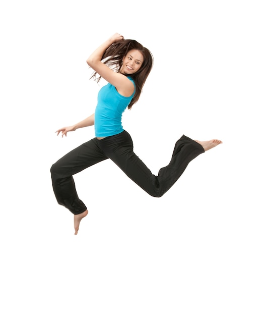 bright picture of happy jumping sporty girl