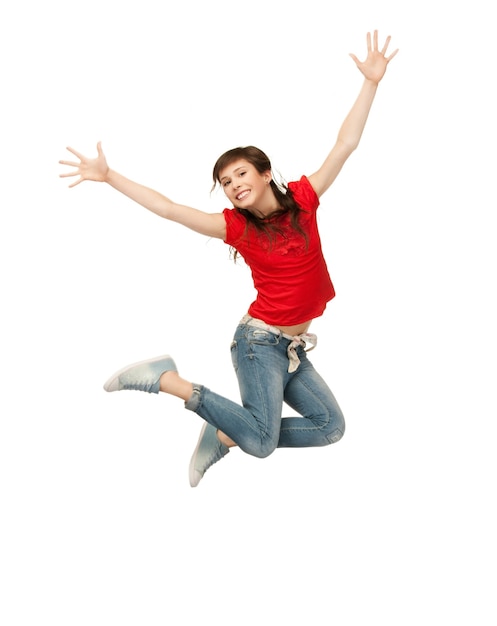 bright picture of happy jumping teenage girl