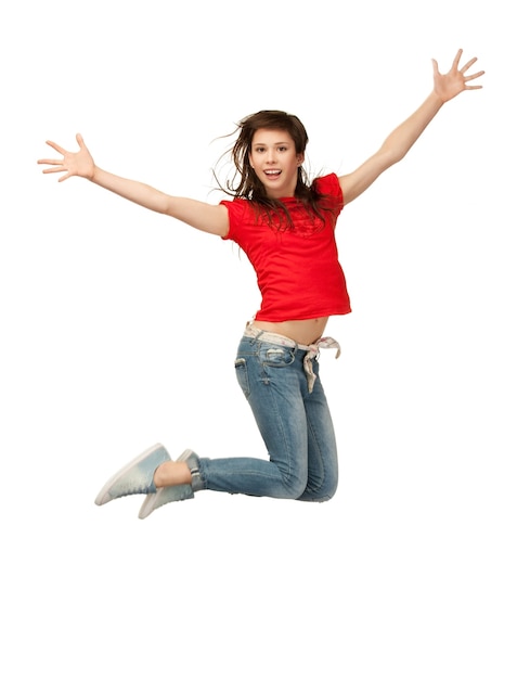 bright picture of happy jumping teenage girl