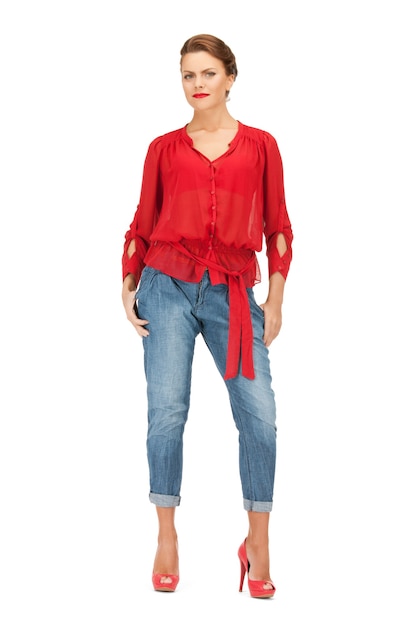 bright picture of lovely woman in red blouse and jeans